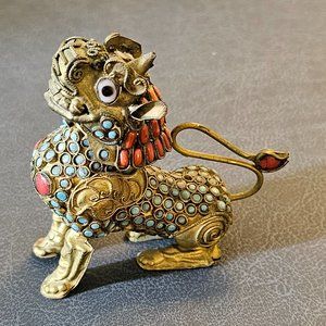 Antique Vintage Tibetan Coral Turquoise Jeweled Brass Foo Dog Snuff Box Bottle